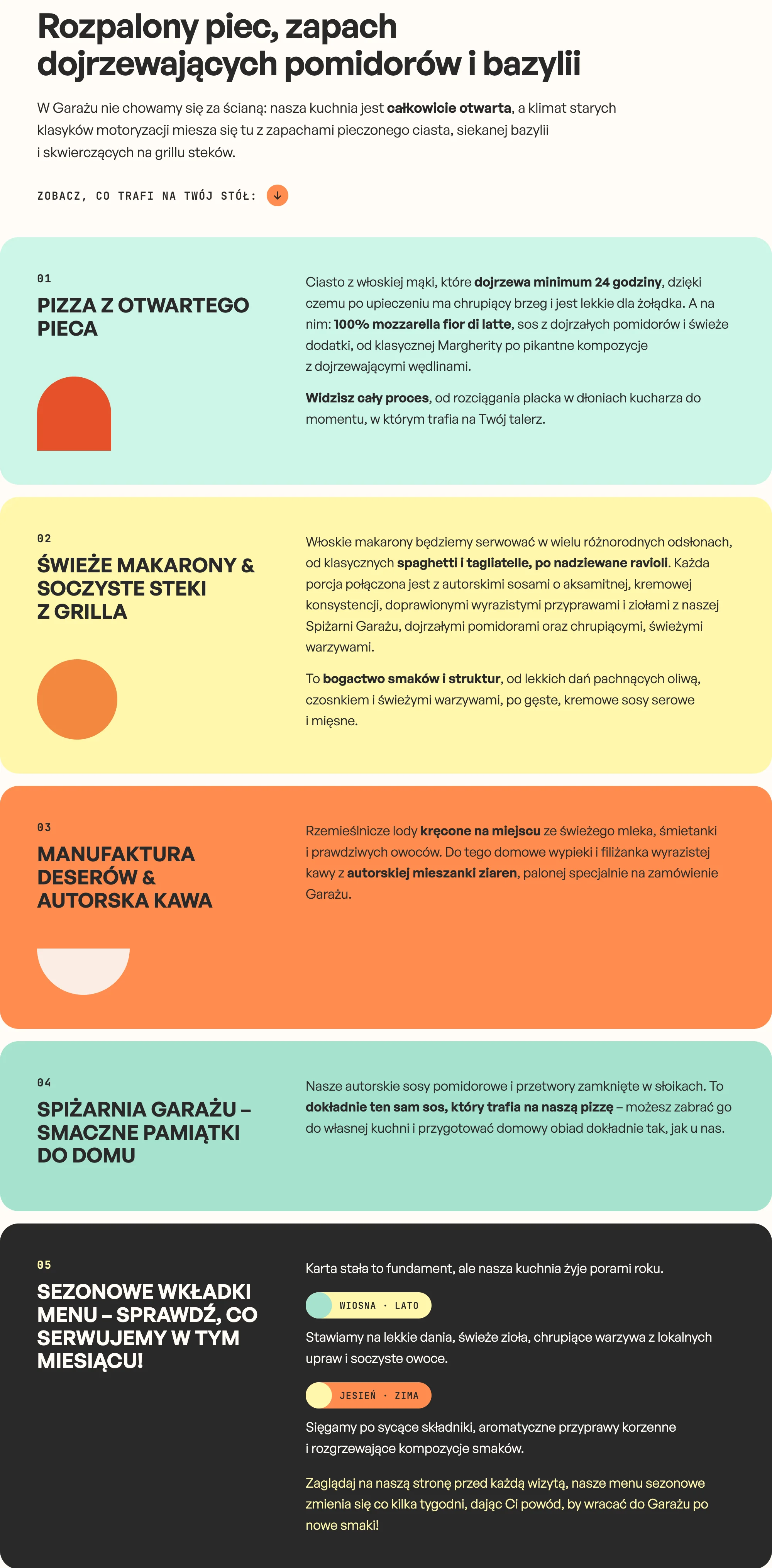 Menu restauracji Garaż – Rozpalony piec, zapach dojrzewających pomidorów i bazylii